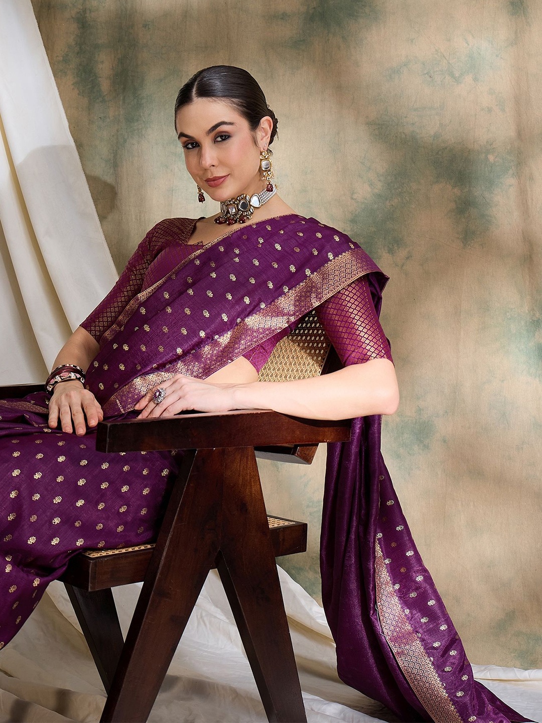 

Sangria Woven Design Printed Designer Saree With Blouse Piece, Purple