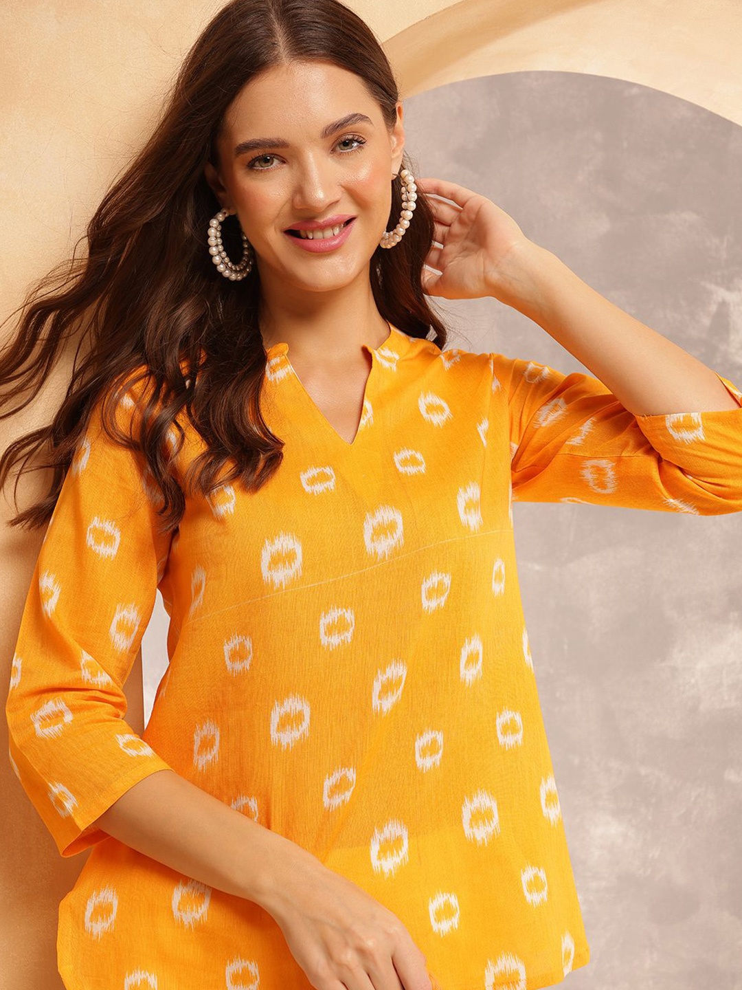 

Anouk Rustic Women Floral Printed Mandarin Collar Cotton Top, Mustard