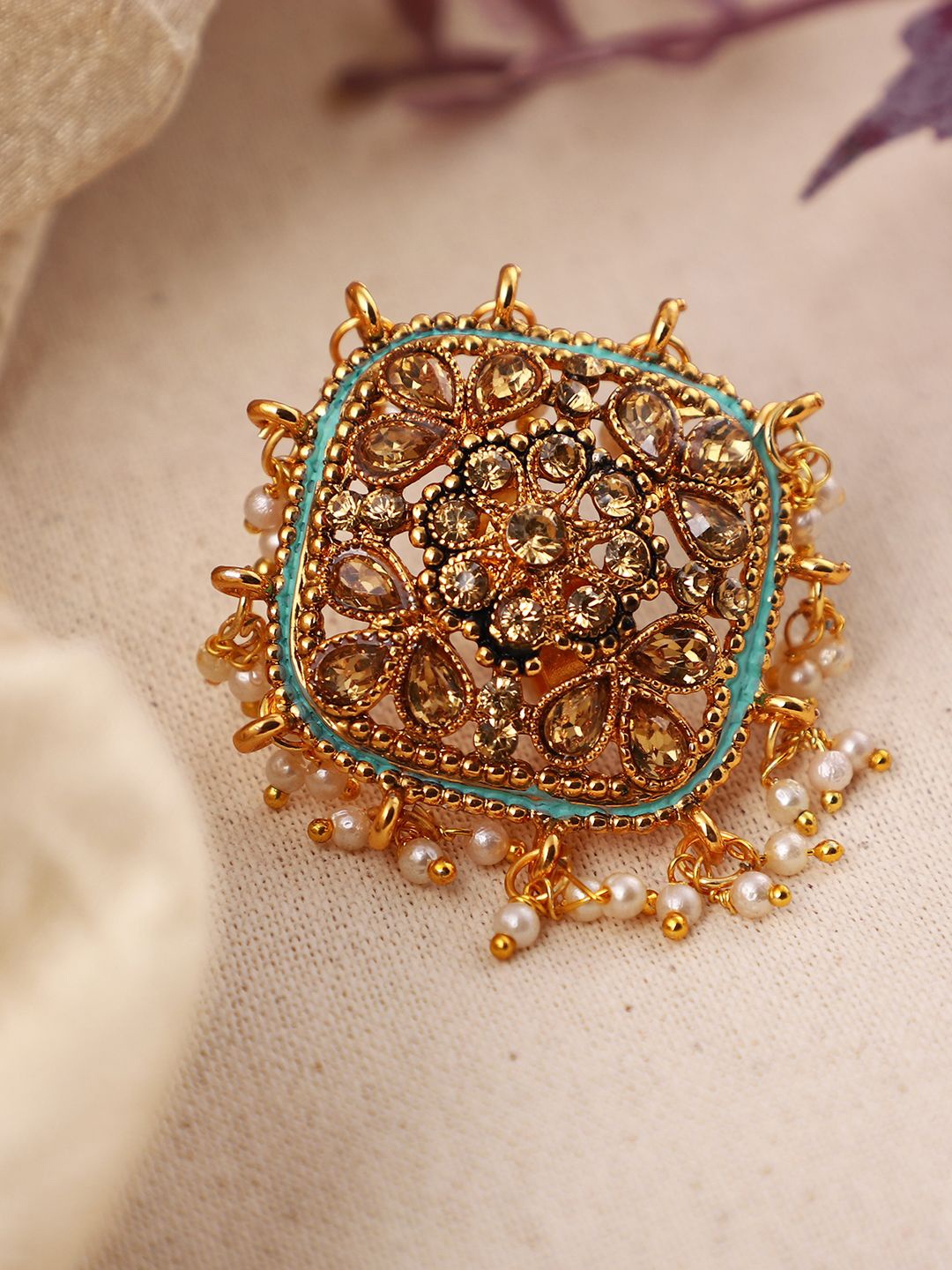 

ANIKAS CREATION Gold-Plated Stones Studded & Beaded Square Finger Ring