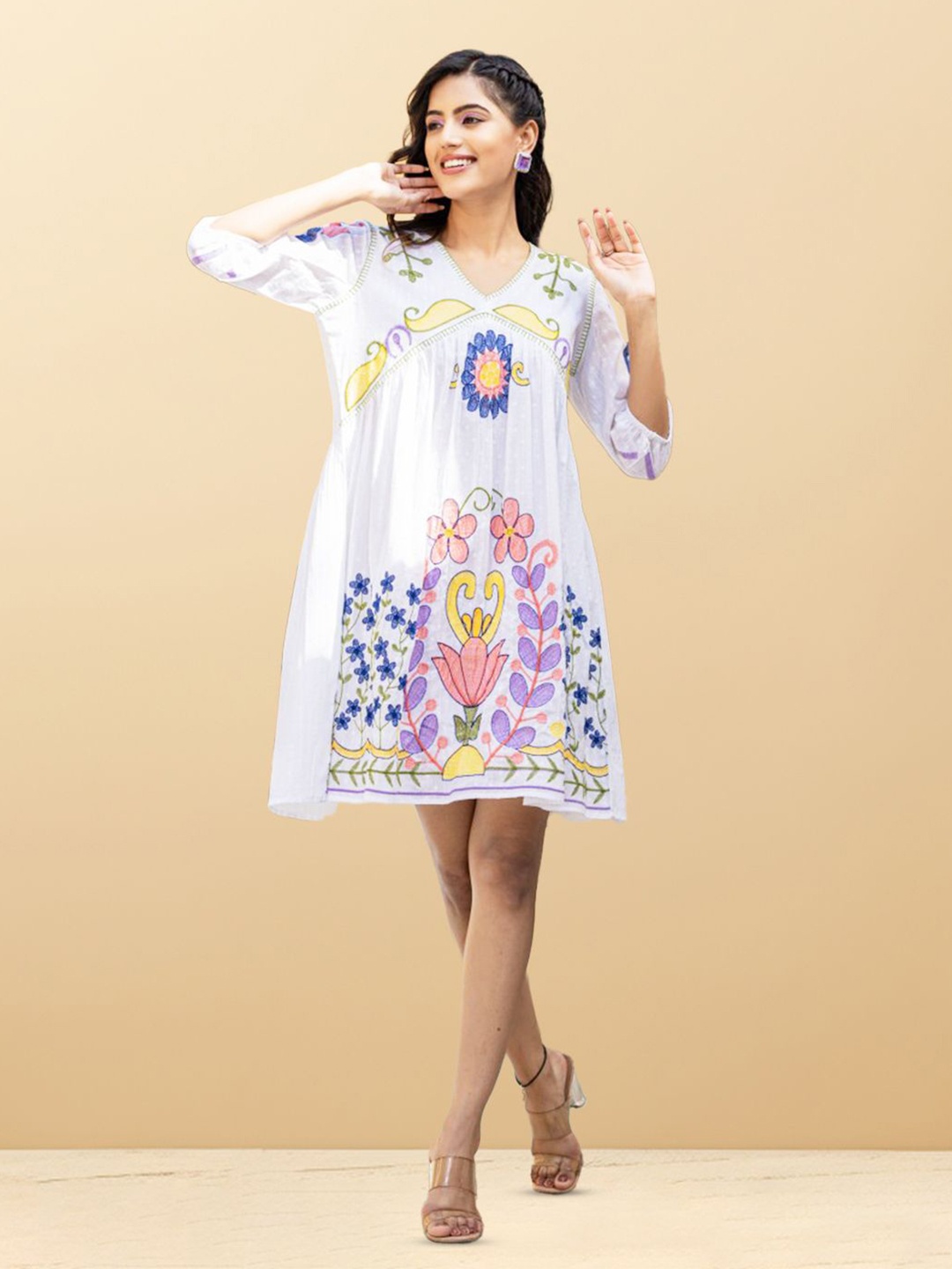 

CUSTARD Women Floral Embroidered Puff Sleeve Fit & Flare Dress, White