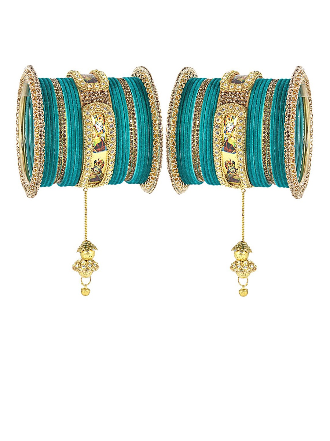 

ZULKA Set of 46 Gold-Plated Raadha Krishna Printed CZ Stone & Pearls Latkan Bangles