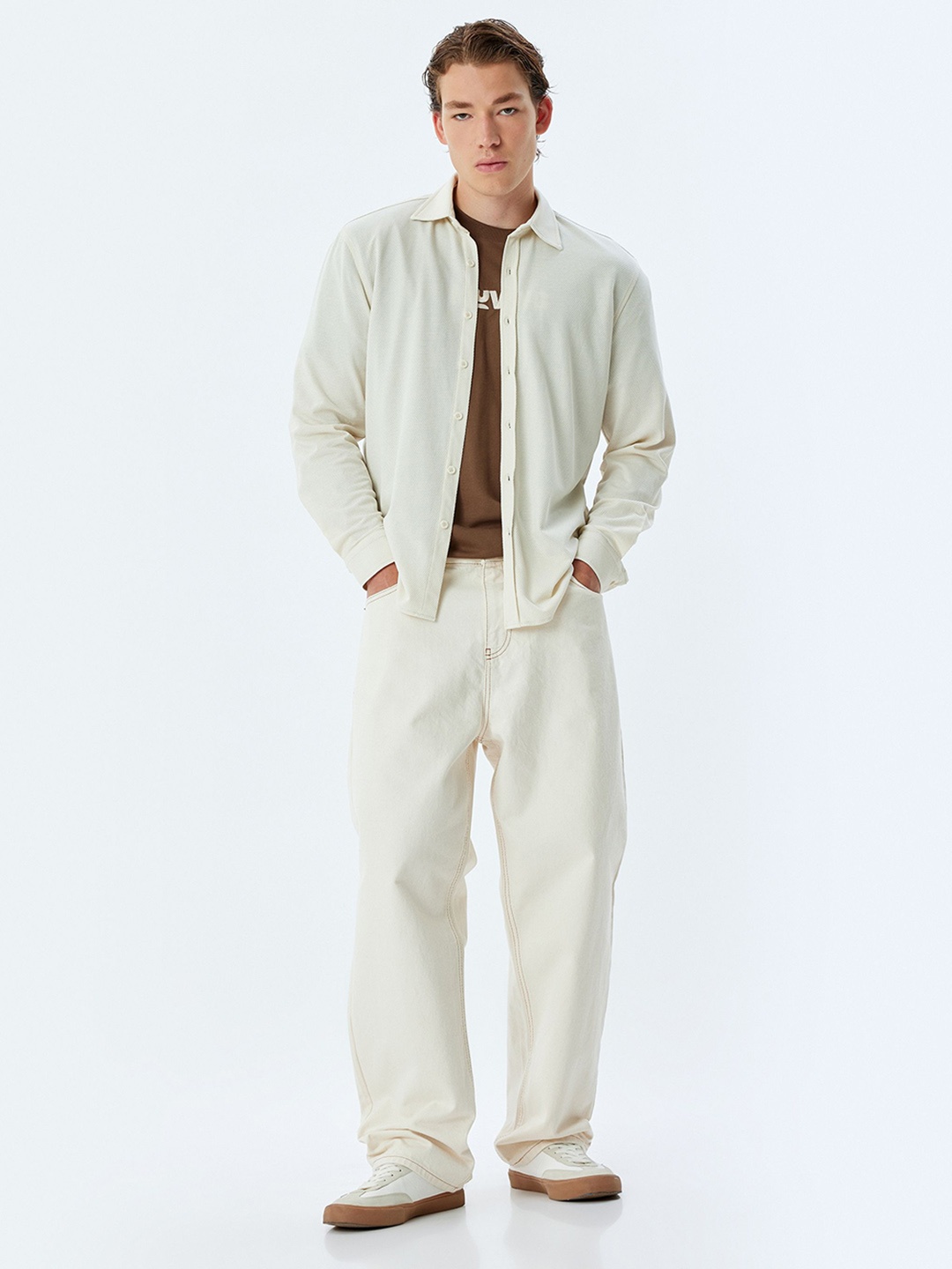 

Koton Men Spread Collar Solid Cotton Casual Shirt, Off white