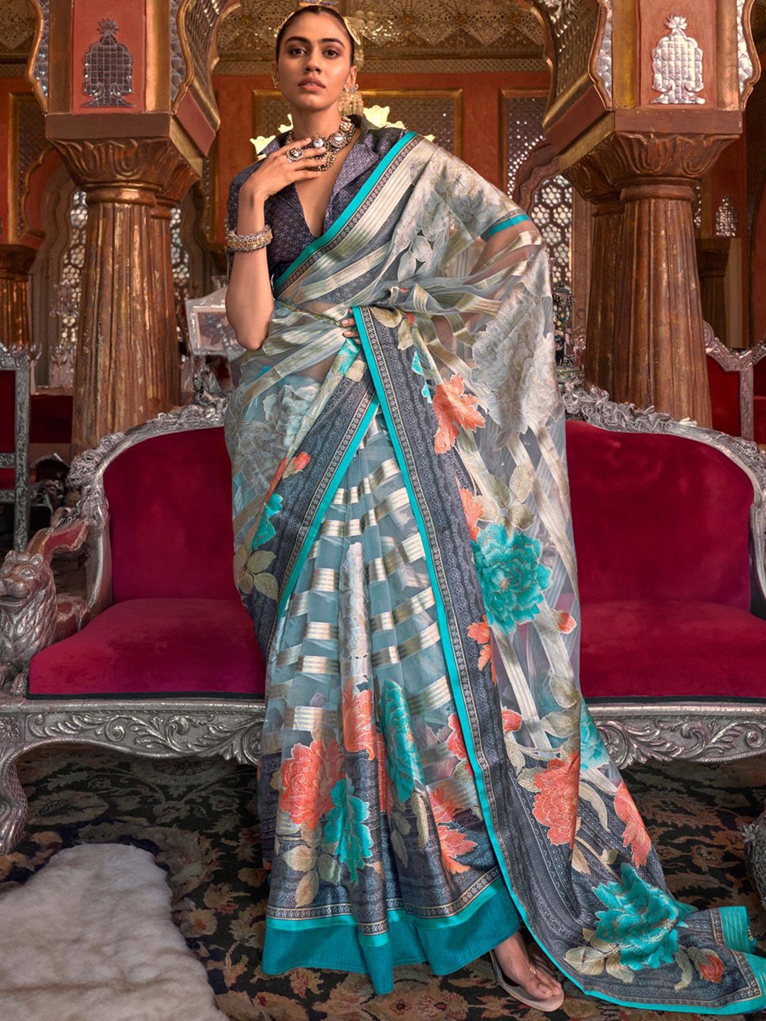 

Anouk Floral Organza Saree, Blue