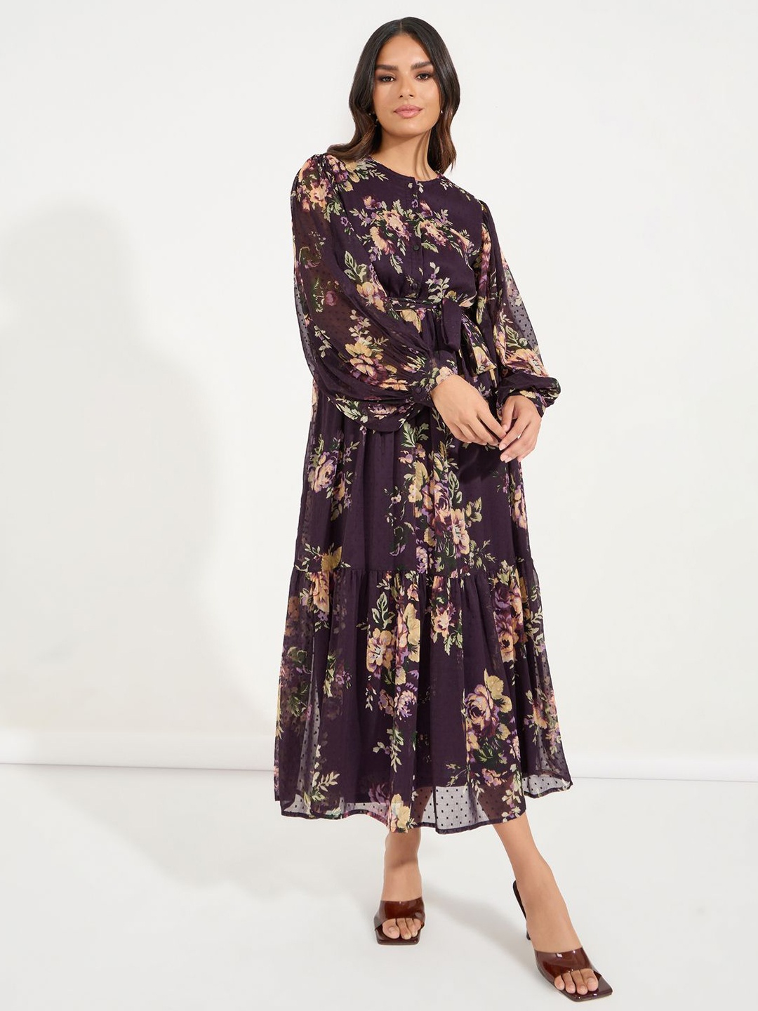 

Styli Women Floral Printed Puff Sleeves Tie-Ups Detail Fit and Flare Maxi Dress, Purple