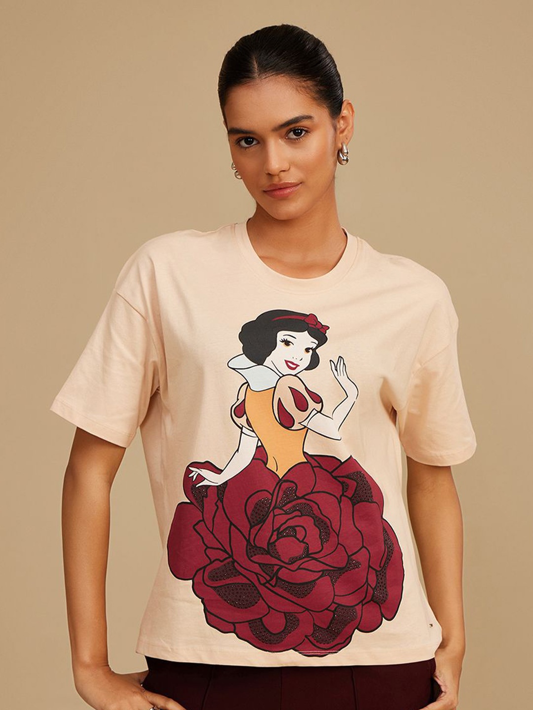 

Kazo Women Disney Princess Graphic Printed Round Neck Cotton Boxy T-shirt, Off white