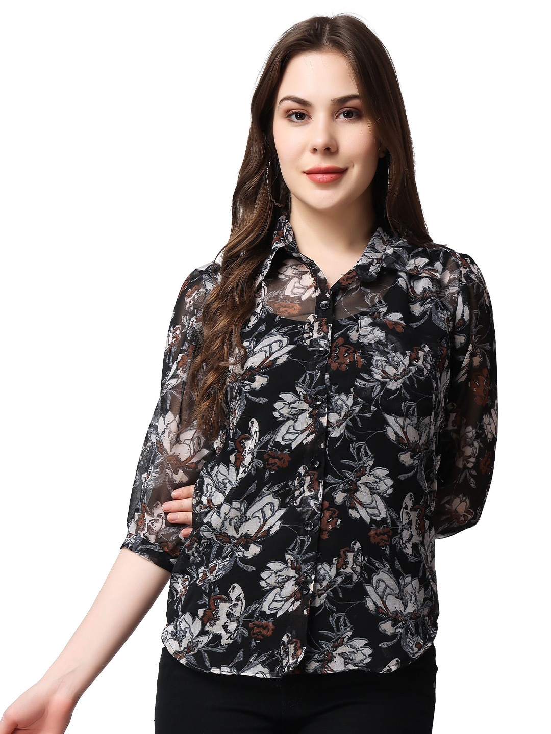 

MINOS Women Classic Spread Collar Floral Printed Casual Shirt, Black