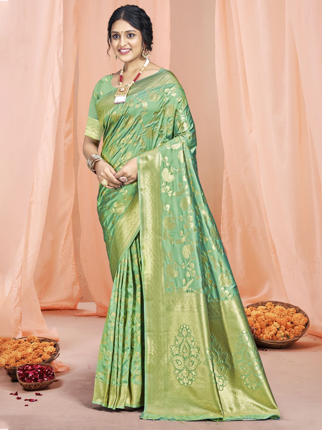 

SANGAM PRINTS Woven Design Zari Tussar Saree, Teal