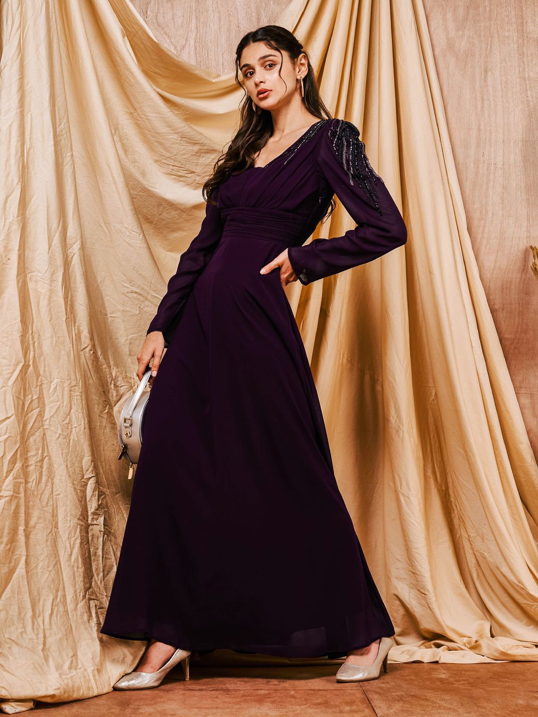 

MISH X Embellished Beads & Stone Georgette Maxi Dress, Purple