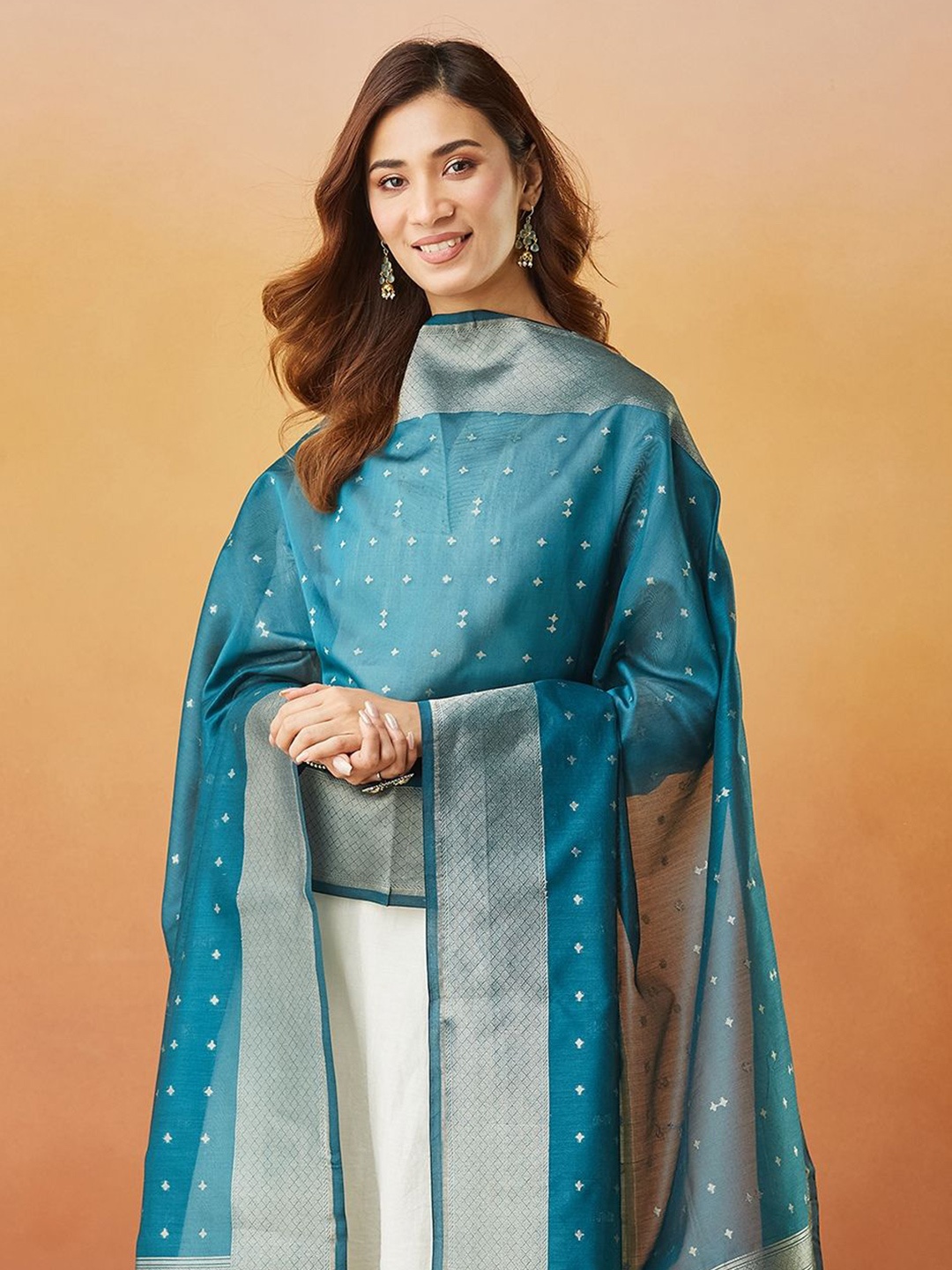 

Fabindia Ethnic Motifs Woven Design Cotton Silk Dupatta with Zari, Teal