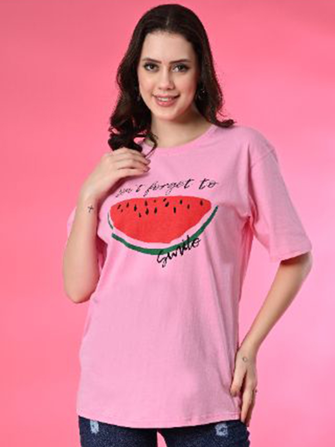 

Funday Fashion Women Typography Printed Round Neck Cotton Relaxed Fit T-shirt, Pink