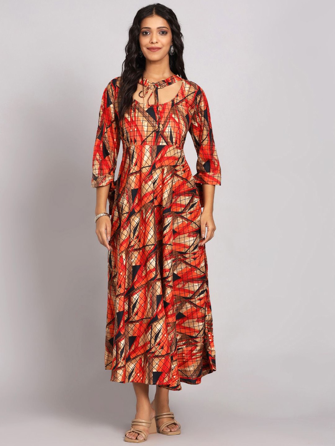 

Chandbaali Printed Fit & Flared Midi Dress, Red