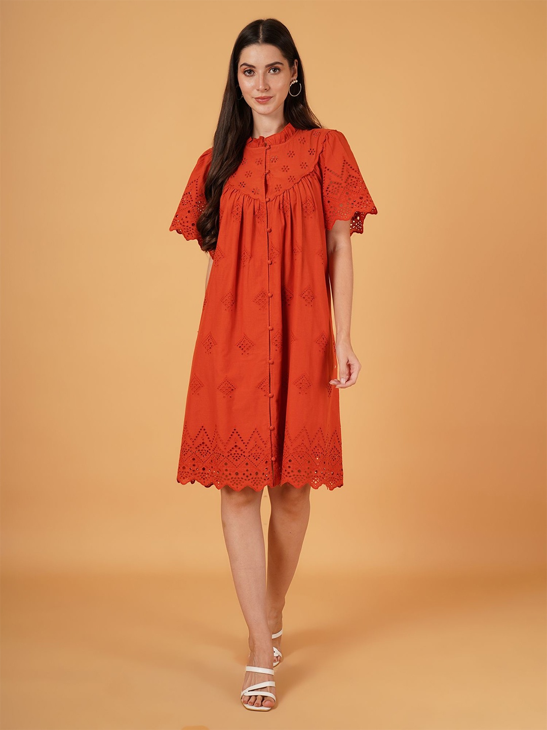 

Mast & Harbour Women Ethnic Motifs Embroidered Fit & Flare Schiffli Midi Dress, Orange