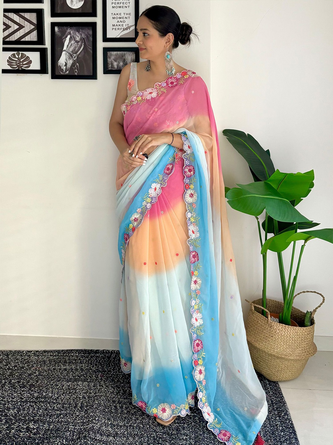 

Aika Ombre Embroidered Pure Georgette Saree, Turquoise blue