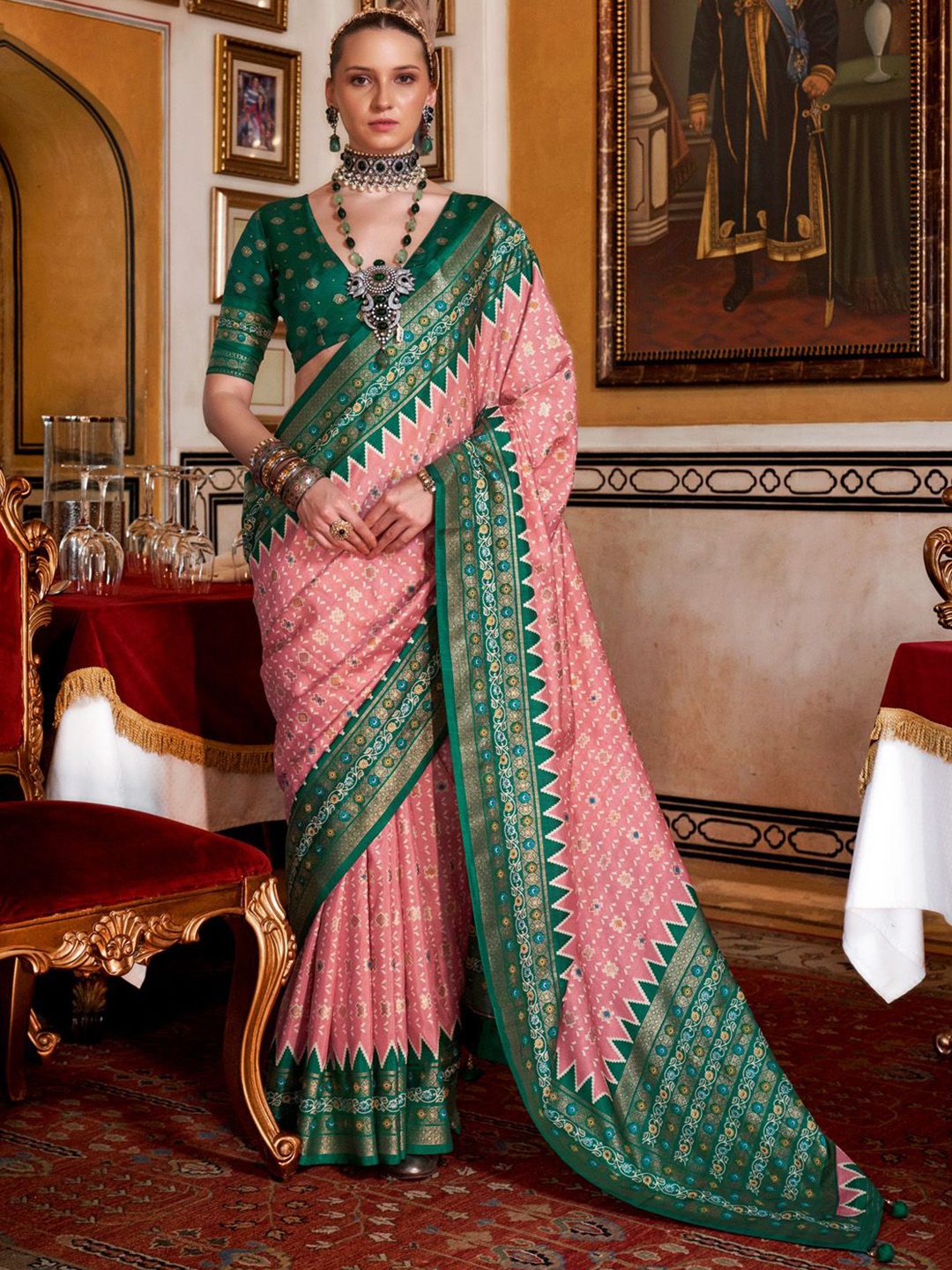 

Anouk Ethnic Motifs Zari Patola Saree, Pink