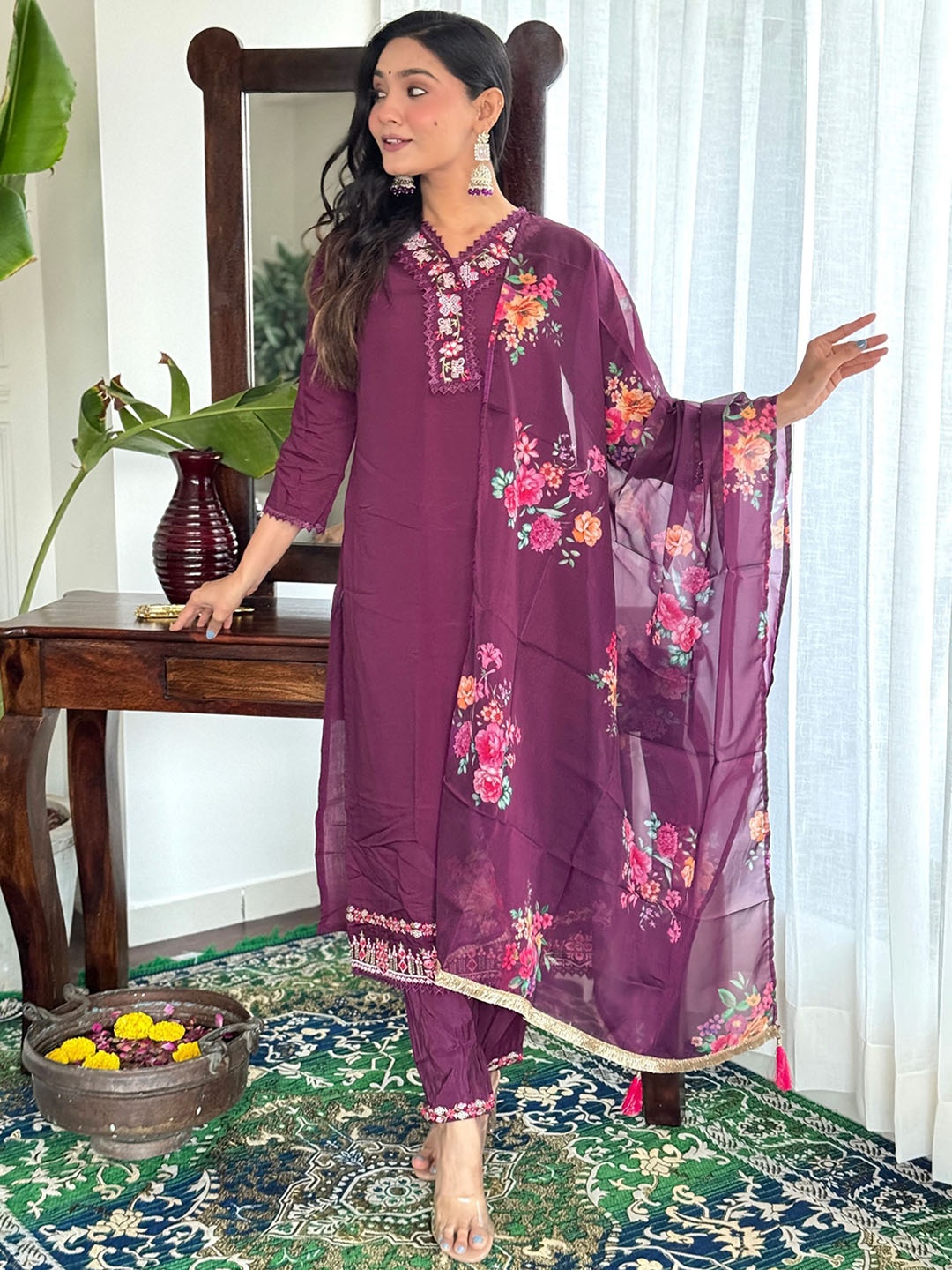 

KALINI Women Floral Embroidered Chanderi Silk Kurta with Trousers & With Dupatta, Purple