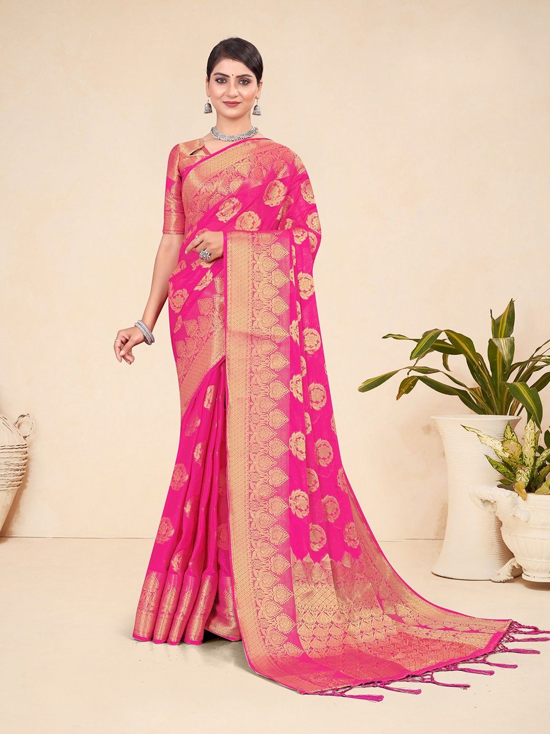 

VARNI FABRICS Woven Design Zari Saree, Pink