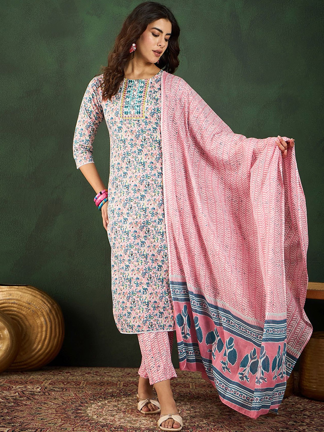 

Vastramyaa Women Floral Printed Mirror Work Pure Cotton Kurta with Trousers & With Dupatta, Peach