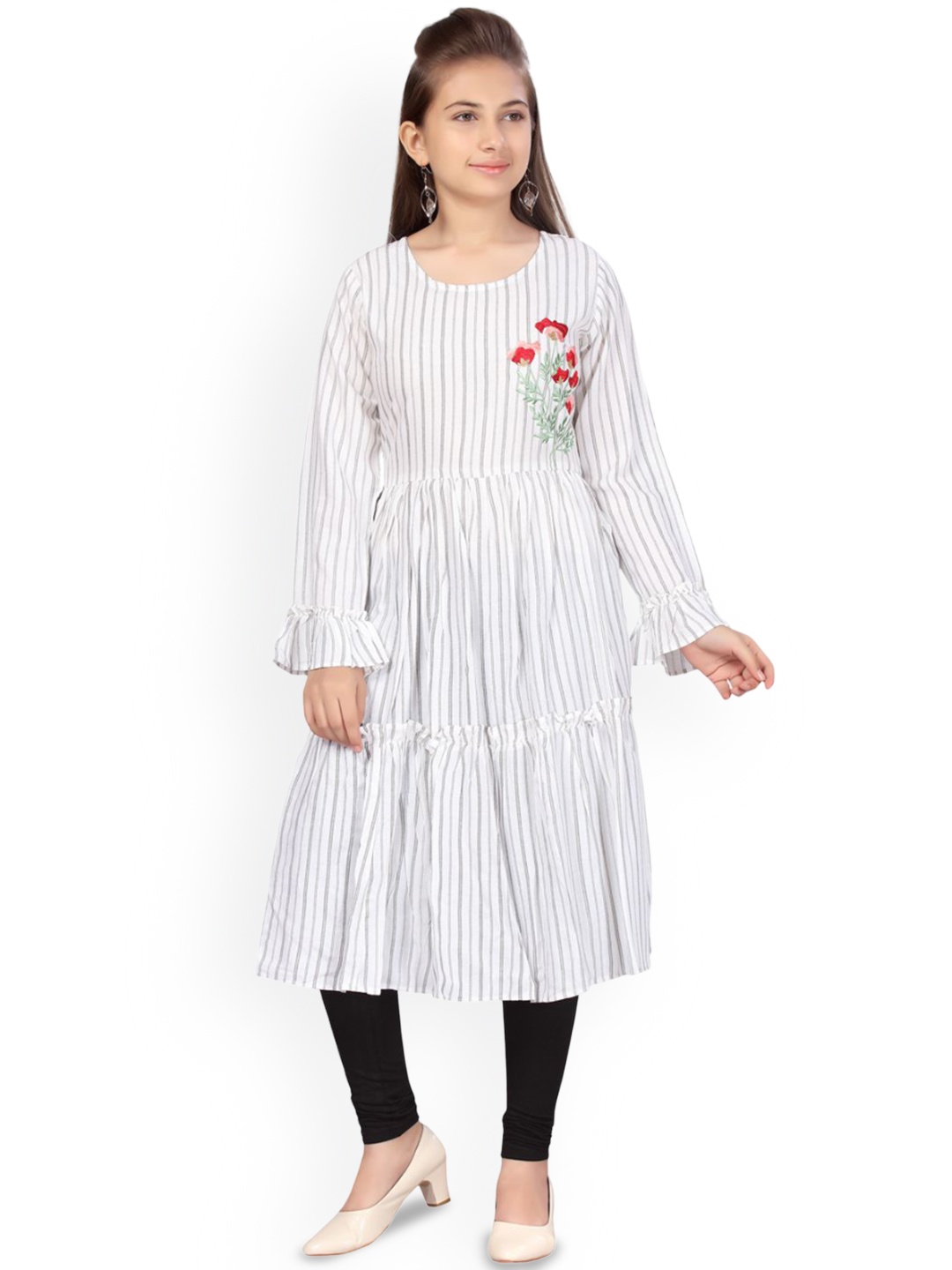 

BAESD Girls Striped Flared Sleeves Thread Work Kurta, Grey