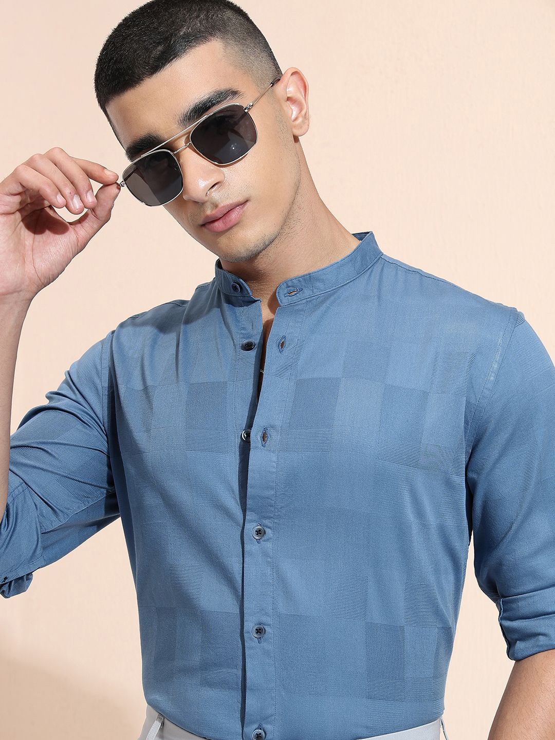 

Highlander Men Dobby Textured Solid Mandarin Collar Shirt, Blue