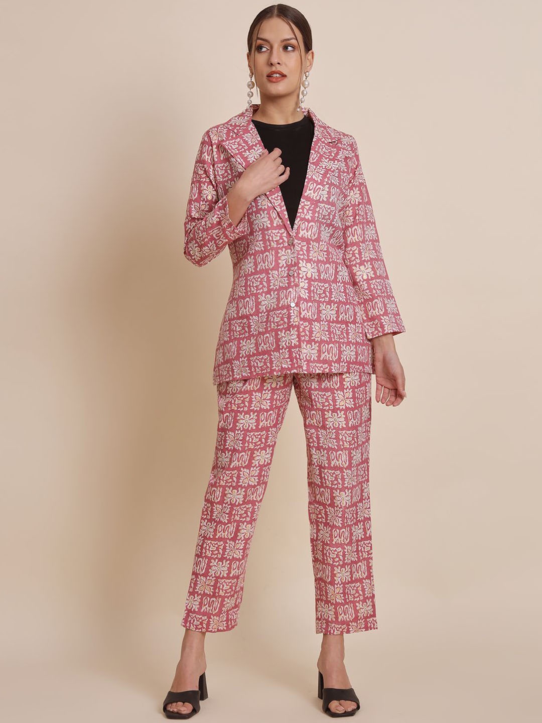 

Vastralay Printed Pure Cotton Coat & Trousers Co-Ord, Pink