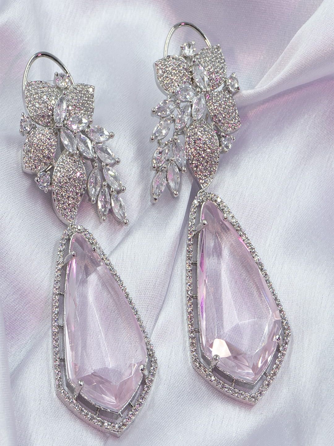 

SHARLEEZ Rhodium-Plated American Diamond Geometric Drop Earrings, Violet