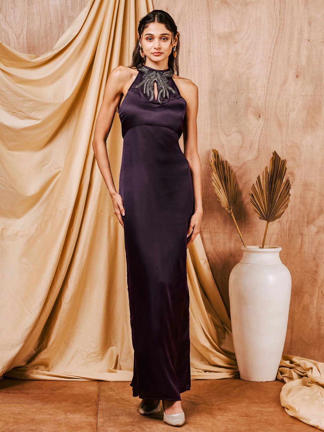 

MISH X Embellished Beads & Stone Mock Neck Satin Maxi Dress, Purple