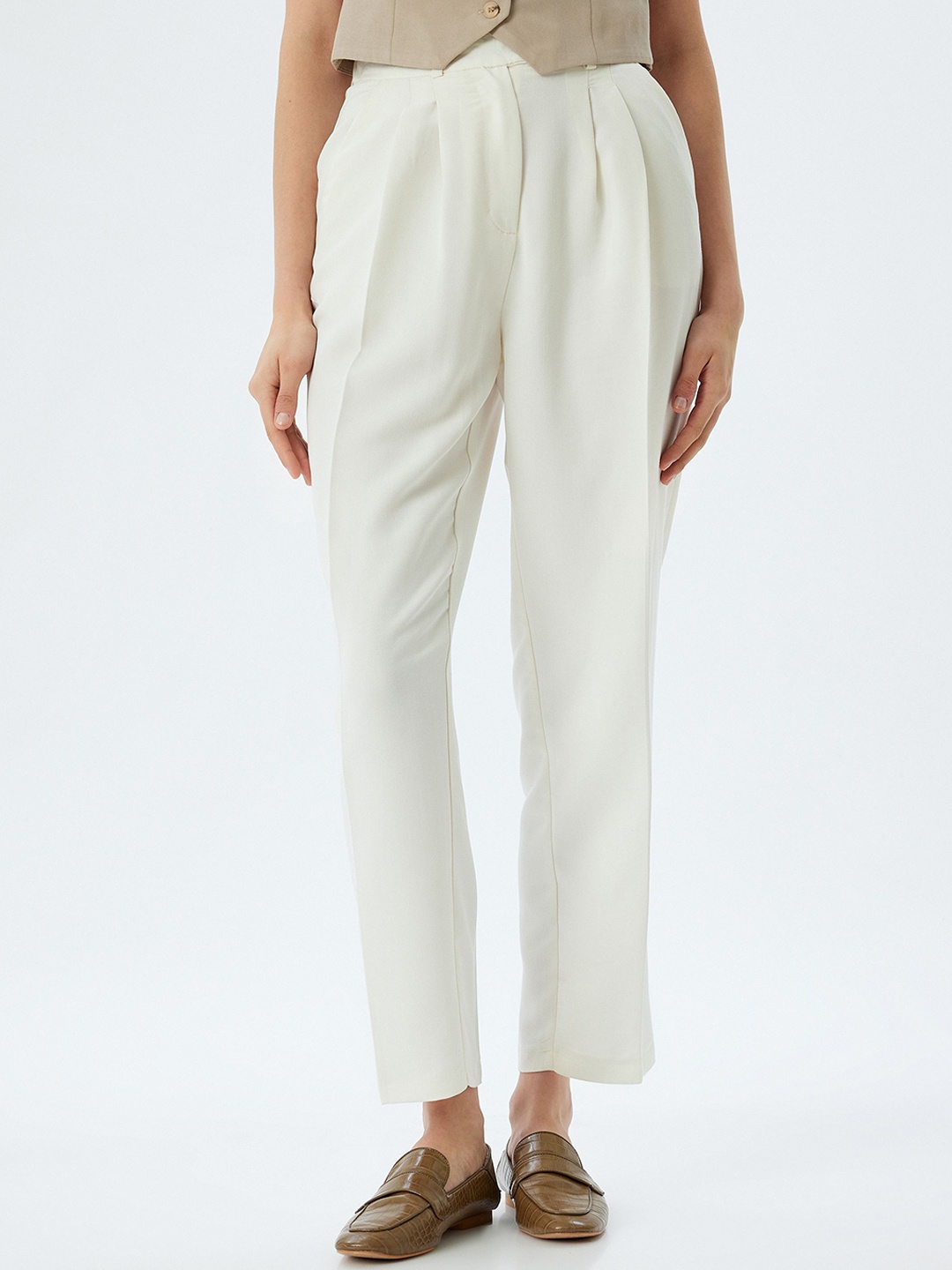 

Koton Women Solid High-Rise Regular Formal Trousers, Beige