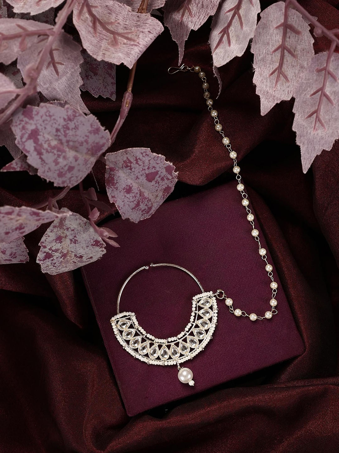 

ANIKAS CREATION Silver-Plated Cubic Zirconia Chained Nosepin