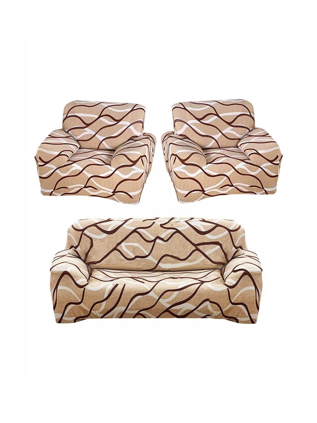 

B BESTILO Beige & White 3 Pieces Printed 5 Seater Sofa Cover With Arms