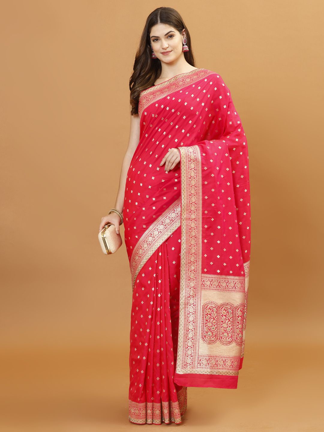 

Meena Bazaar Ethnic Motifs Woven Design Zari Banarasi Saree, Pink