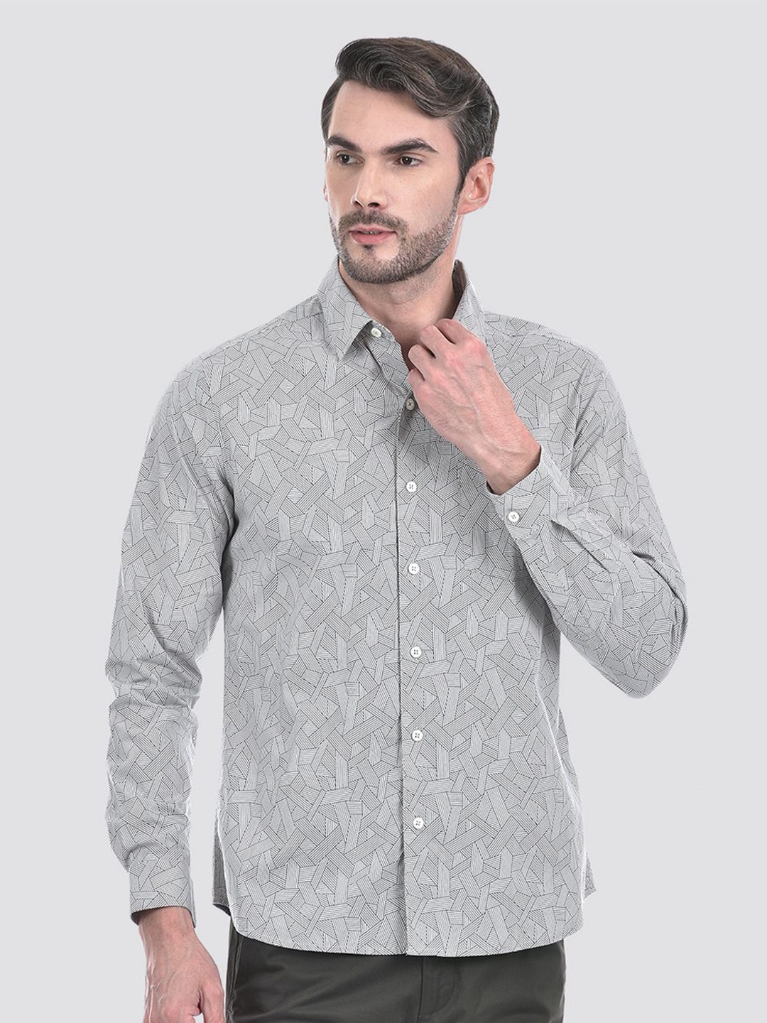 

Numero Uno Men Spread Collar Geometric Printed Cotton Slim Fit Casual Shirt, Grey