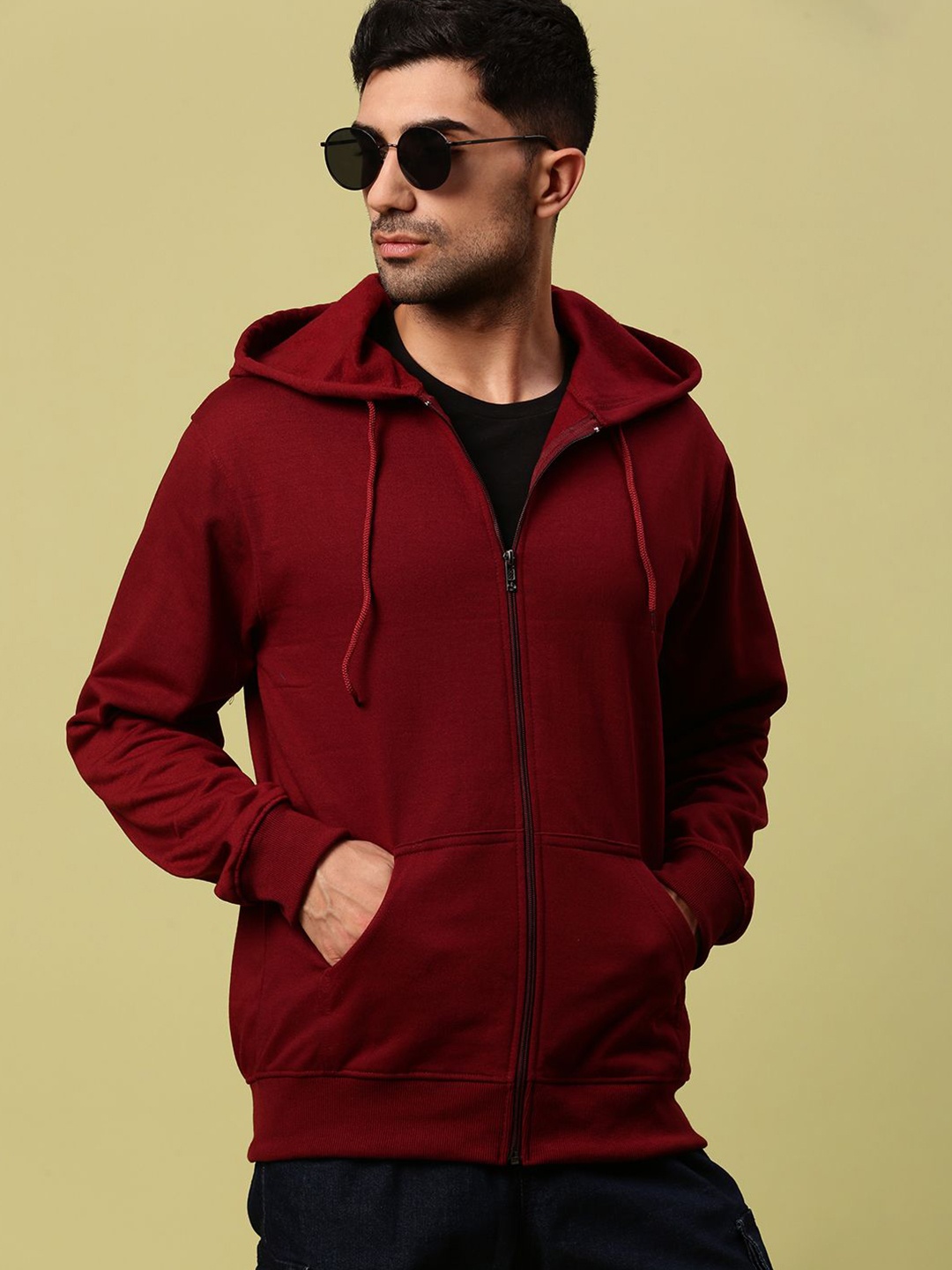 

Urban Dog Men Solid Hood Fleece Front-Open Ribbed Sweatshirt, Maroon