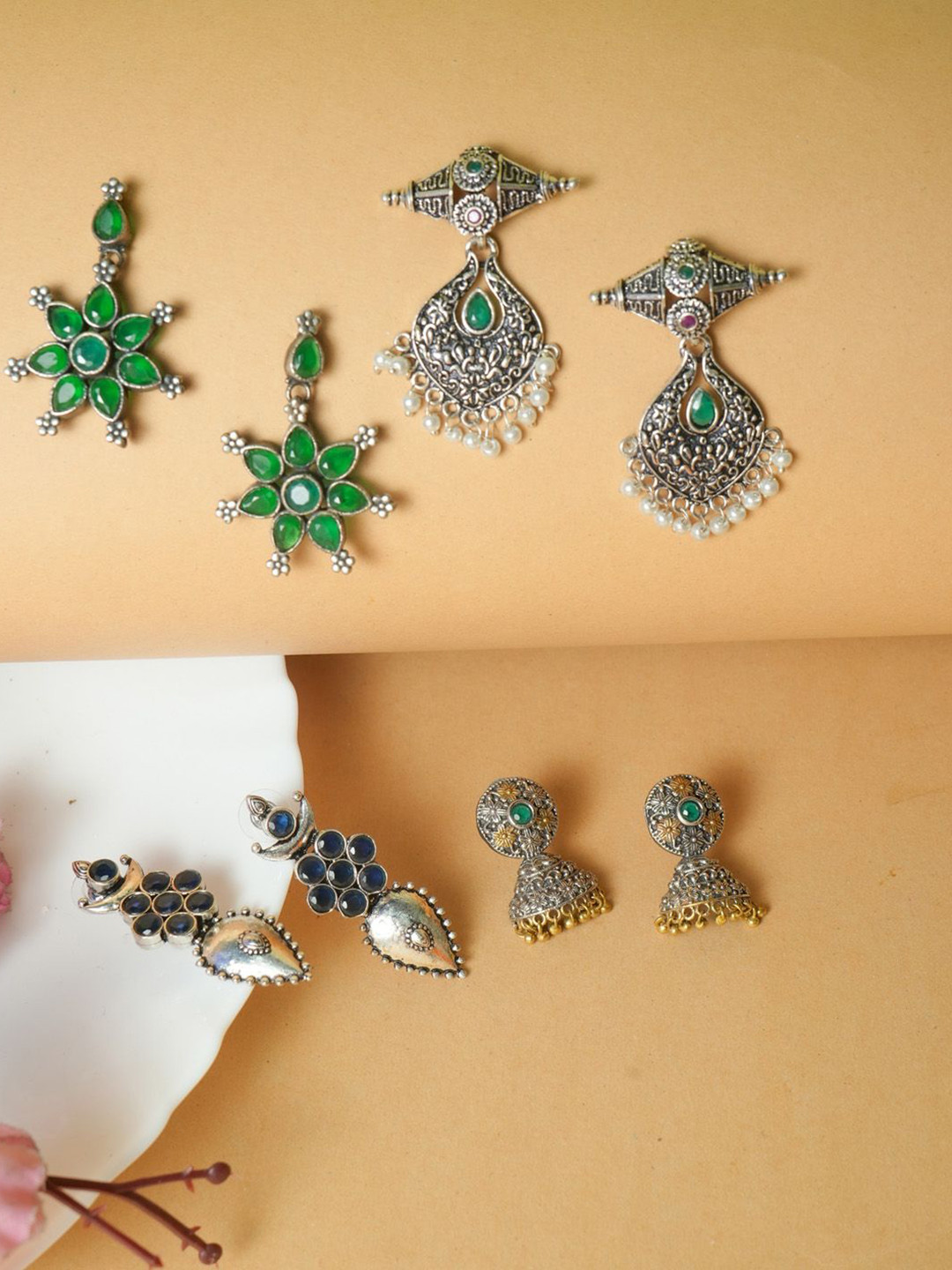 

VIRAASI Set of 4 Stone Studded & Beaded Drop Earrings, Silver