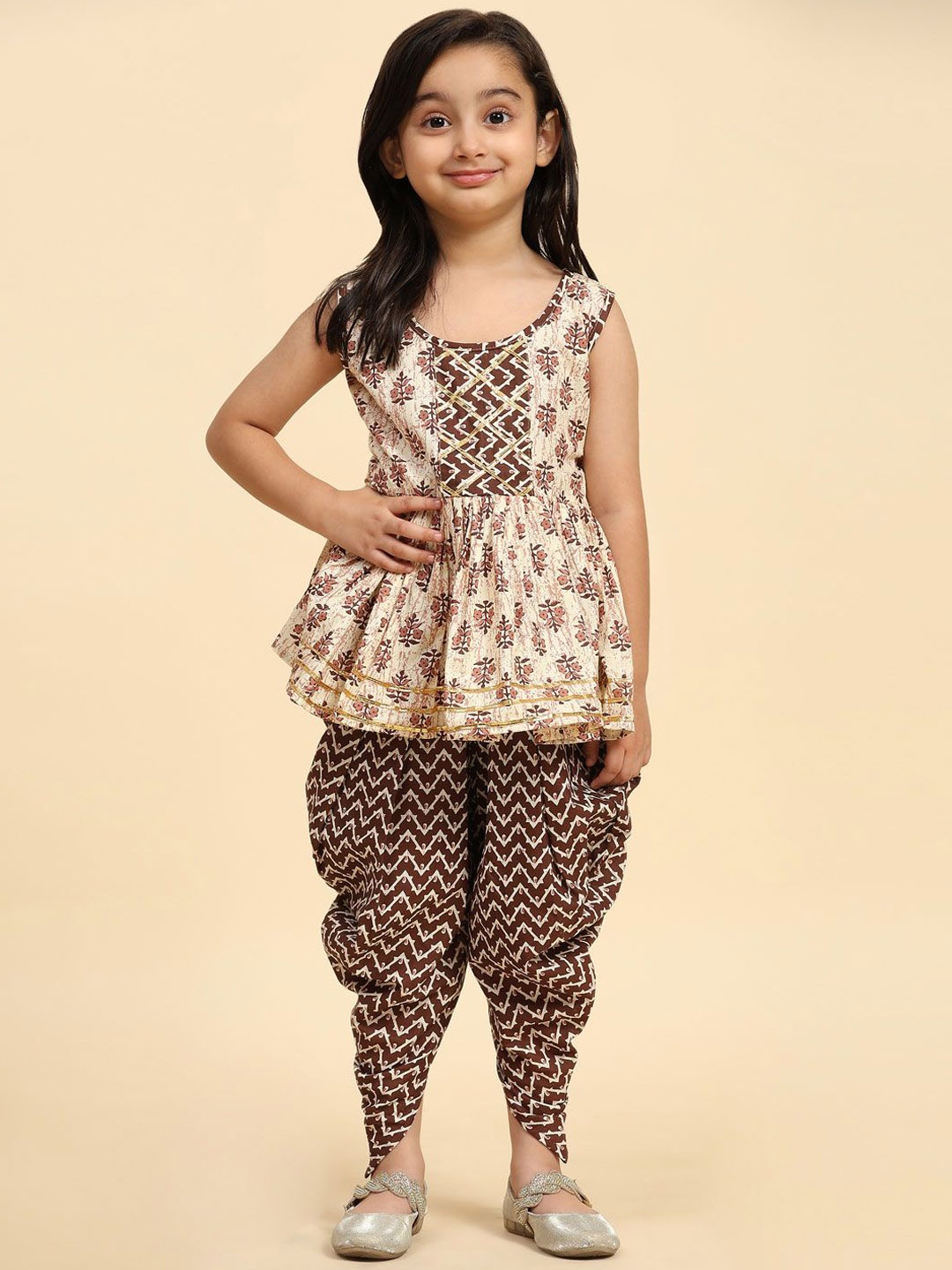 

SHIJILA Girls Floral Printed Empire Gotta Patti Kurti with Dhoti Pants, Beige