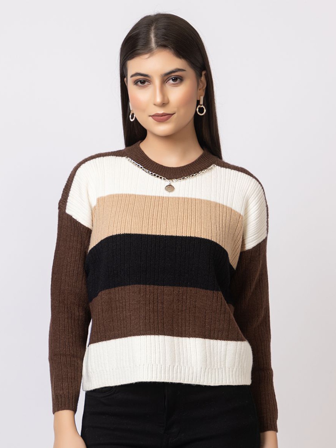 

GFO Women Colourblocked Round Neck Sweaters, Coffee brown