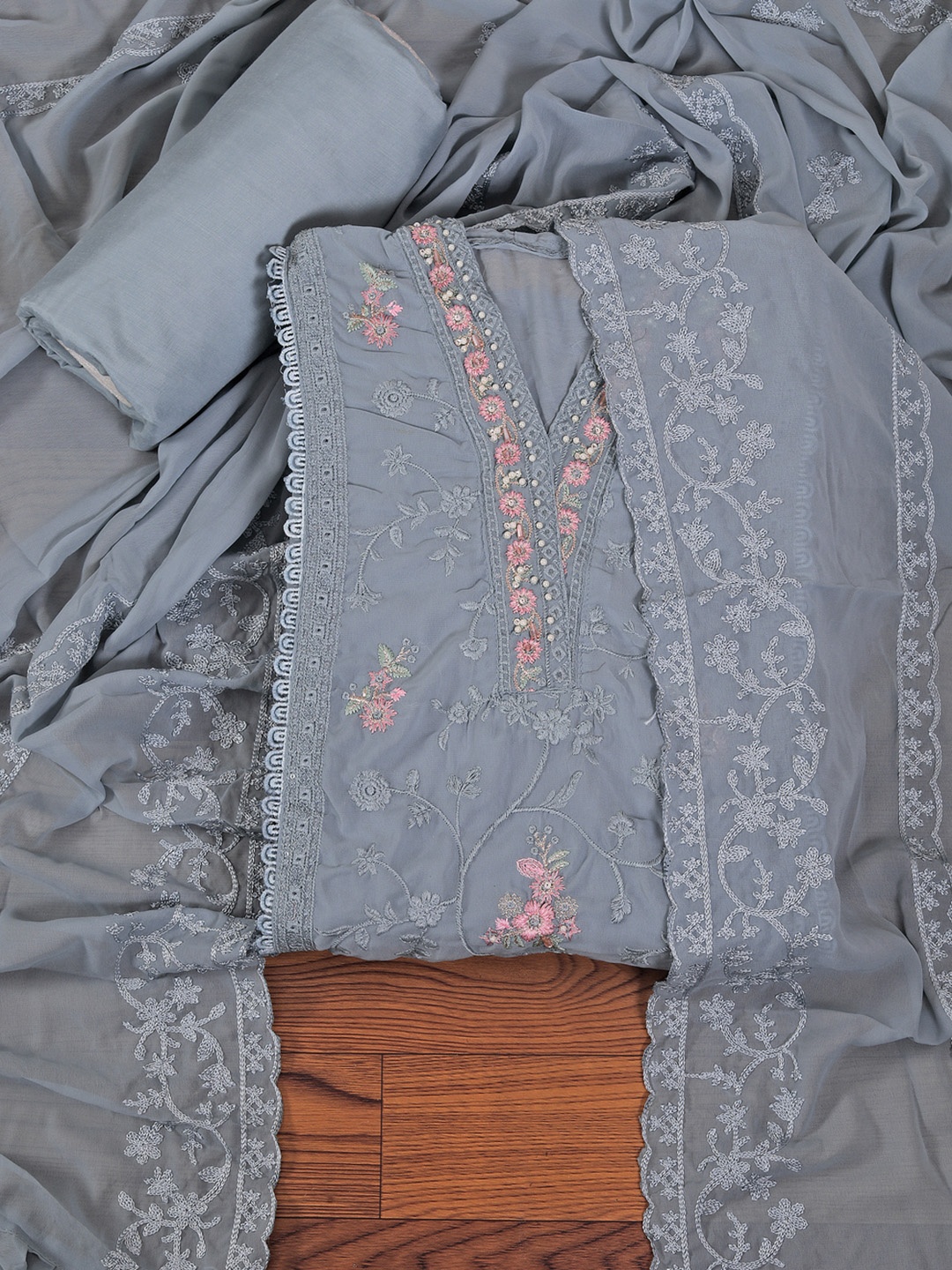 

Jaipur Kurti Heavy Embroidered Poly Georgette Dress Material with Dupatta, Blue