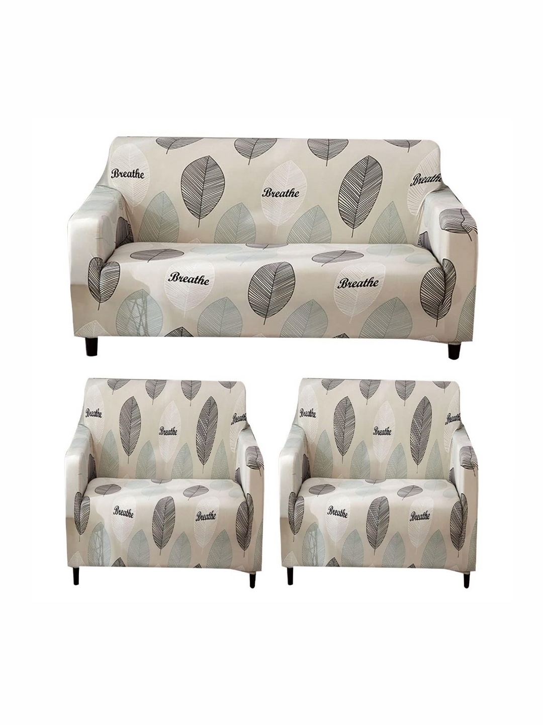 

B BESTILO Beige & White 3 Pieces Printed 5 Seater Sofa Cover With Arms