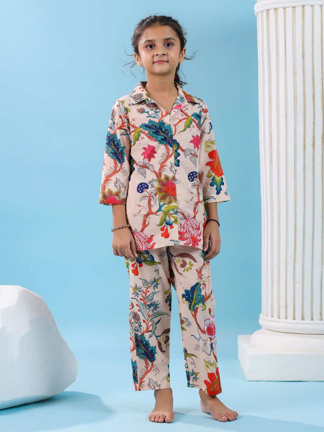 

SANSKRUTIHOMES Girls Pure Cotton Floral Printed Night suit, Peach