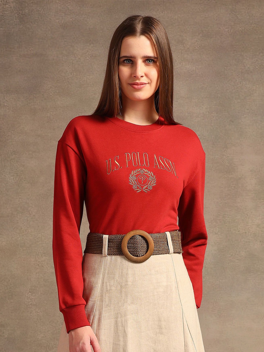 

U.S. Polo Assn. Women Brand Logo Embroidered Round Neck Cotton Pullover Sweatshirt, Red