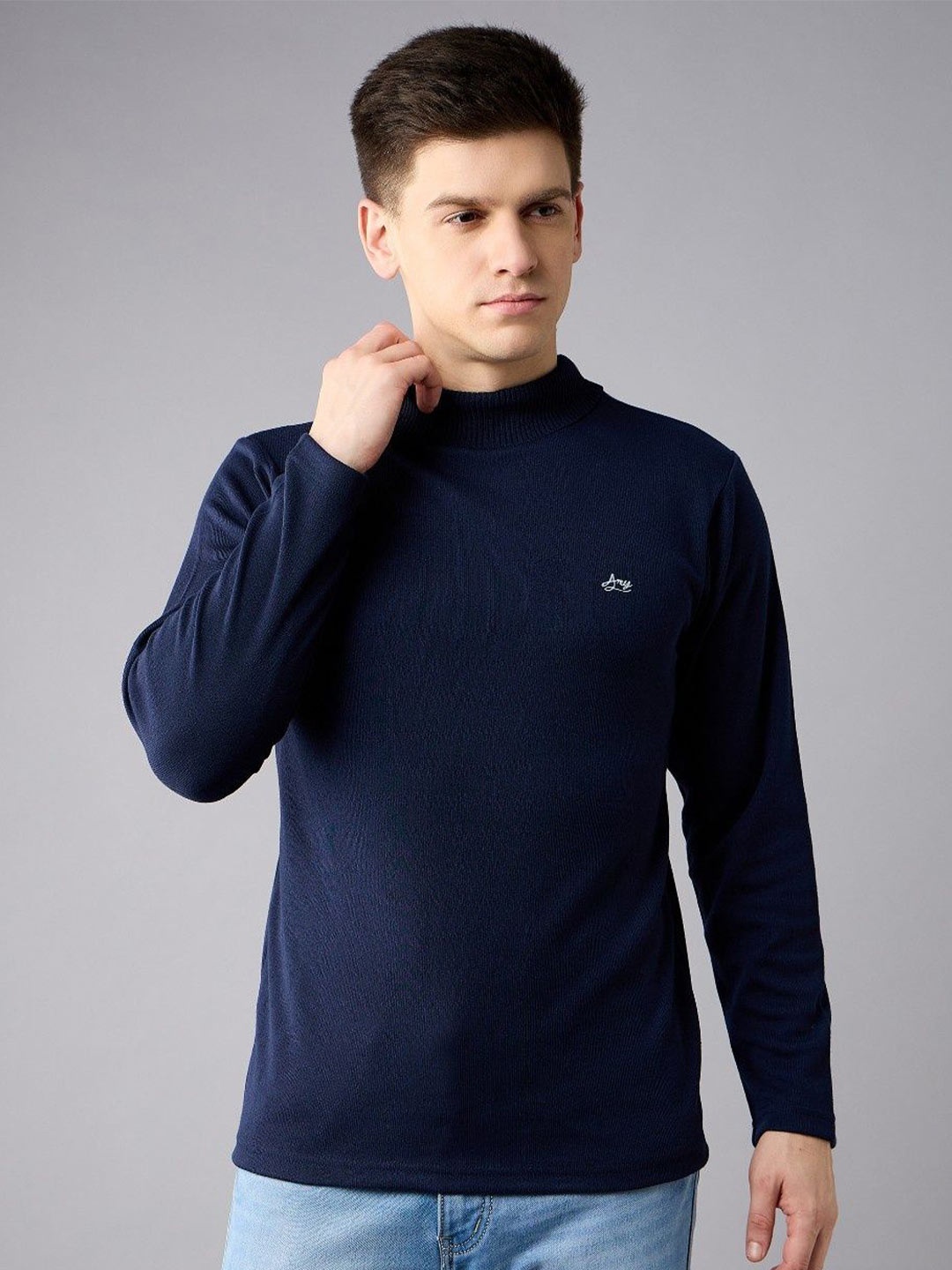 

ARRAY Men Dri-FIT Solid High Neck Wool Pullover Sweatshirt, Navy blue