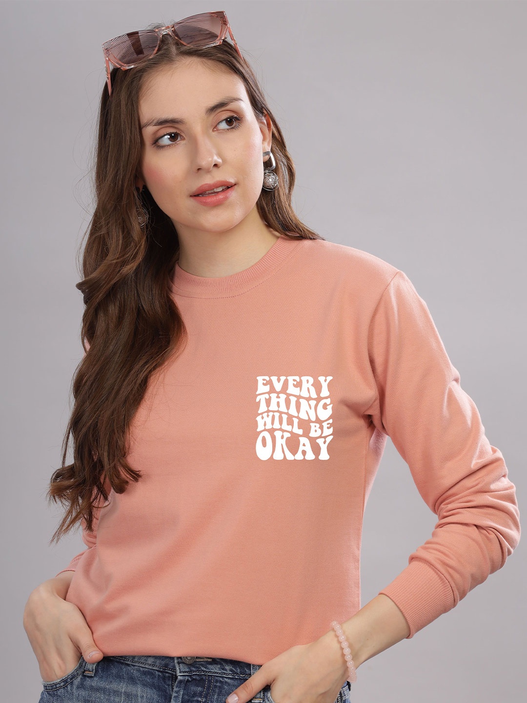 

FALTU.CO Women Typography Printed Round Neck Cotton Pullover Sweatshirt, Peach