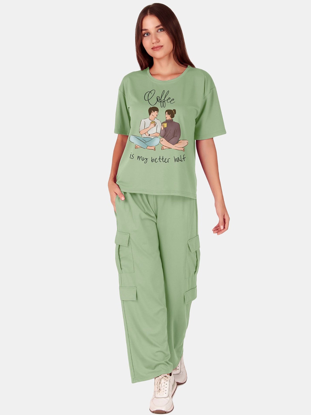 

Fasense Printed Oversized Pure Cotton T-shirt With Cargo Trousers Co-Ords, Green