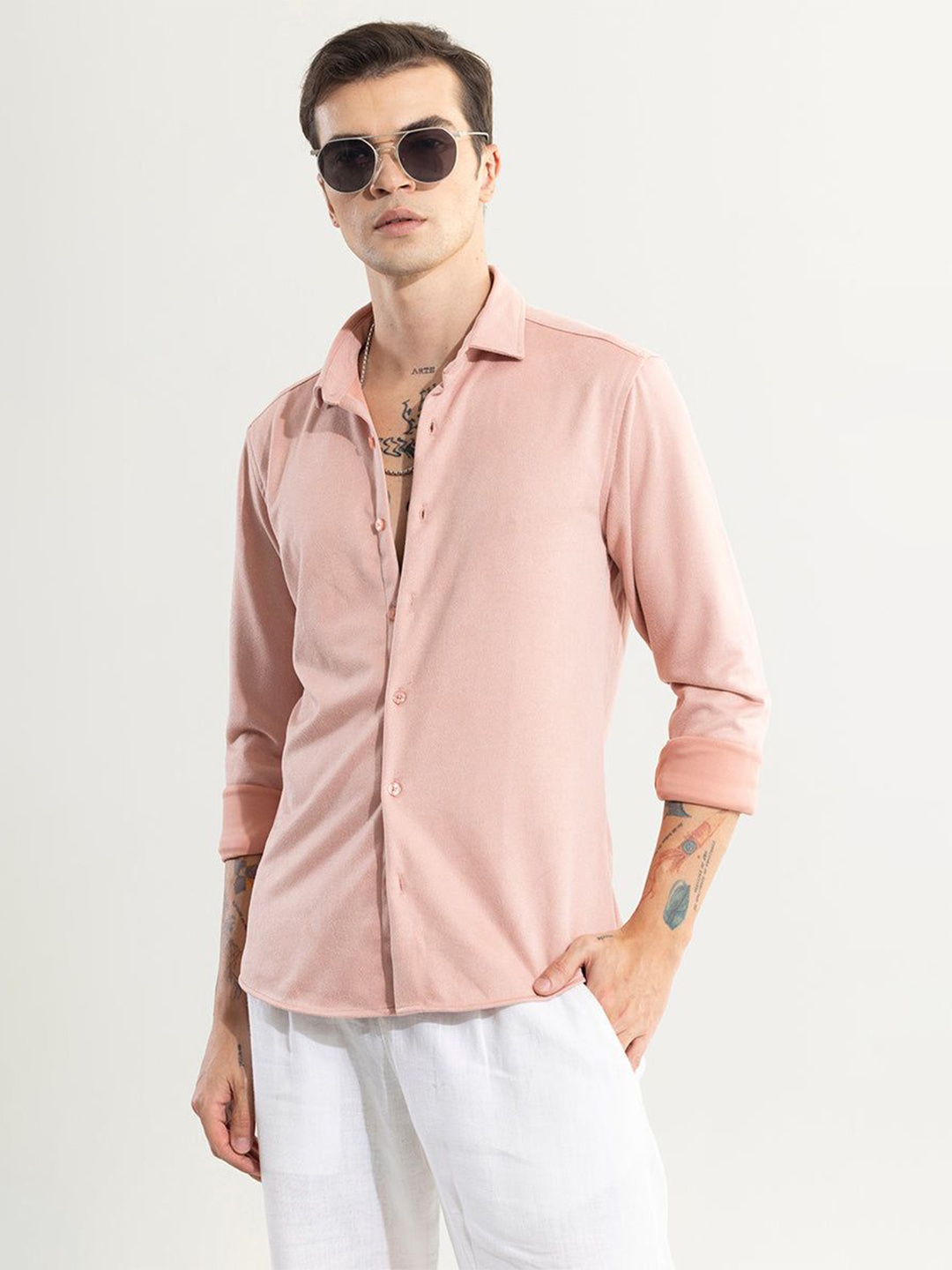 

Snitch Men New Spread Collar Solid Cotton Casual Shirt, Peach