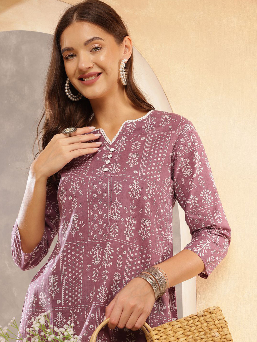 

Anouk Rustic Women Floral Printed V-Neck Cotton Top, Purple