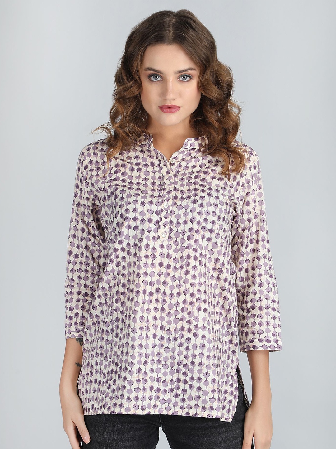 

PIDAVLIYA'S Women Abstract Printed Mandarin Collar Cotton Top, Off white