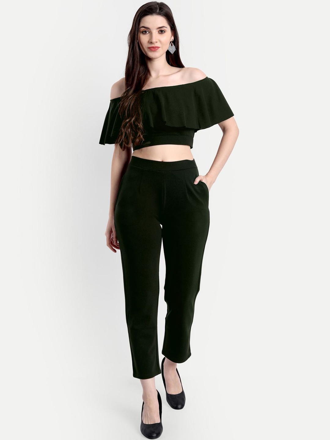 

BROADSTAR Women Off-Shoulder Top With Trouser Co-Ords, Olive