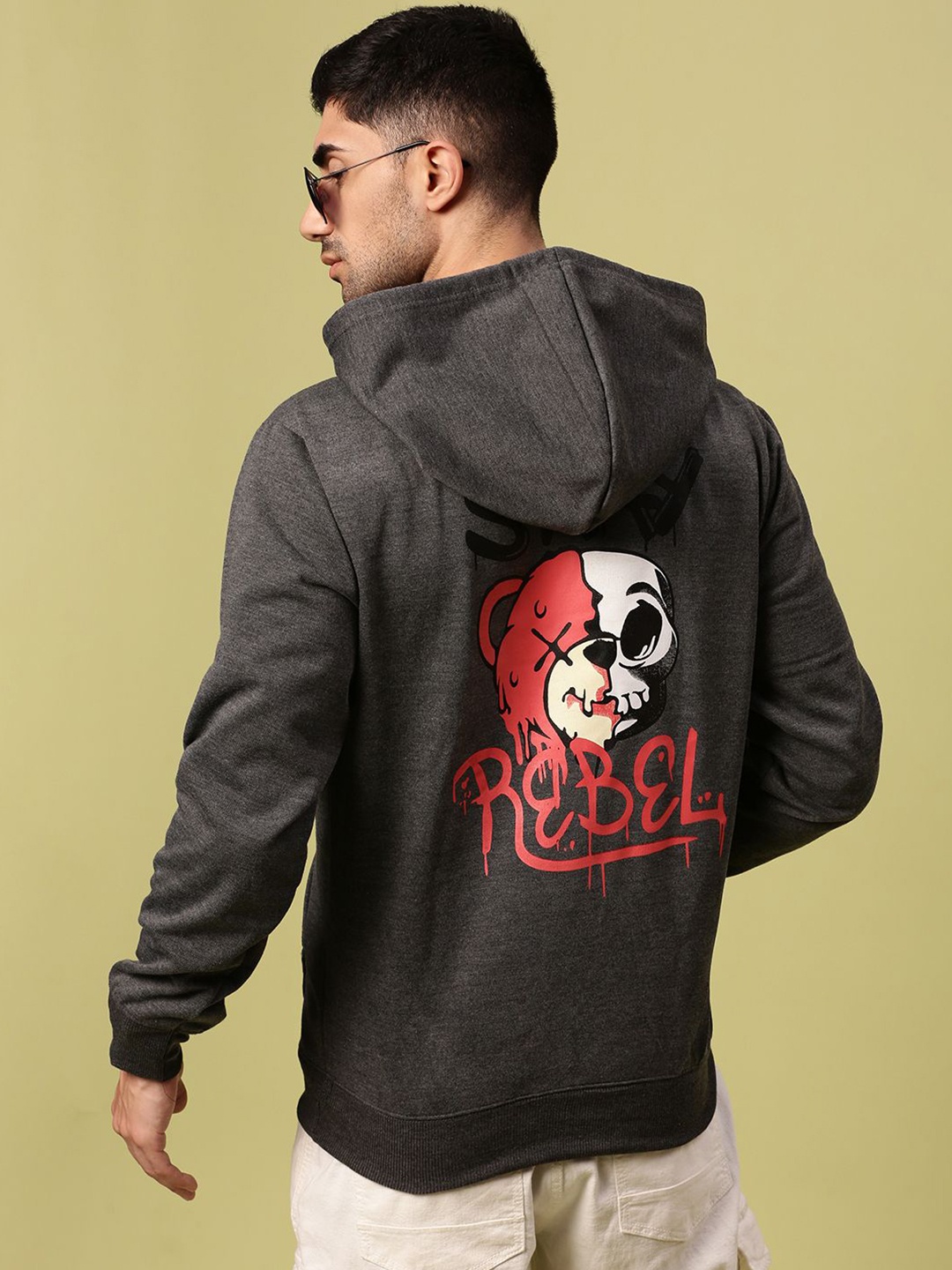 

Urban Dog Men Graphic Printed Hood Fleece Pullover Ribbed Sweatshirt, Charcoal