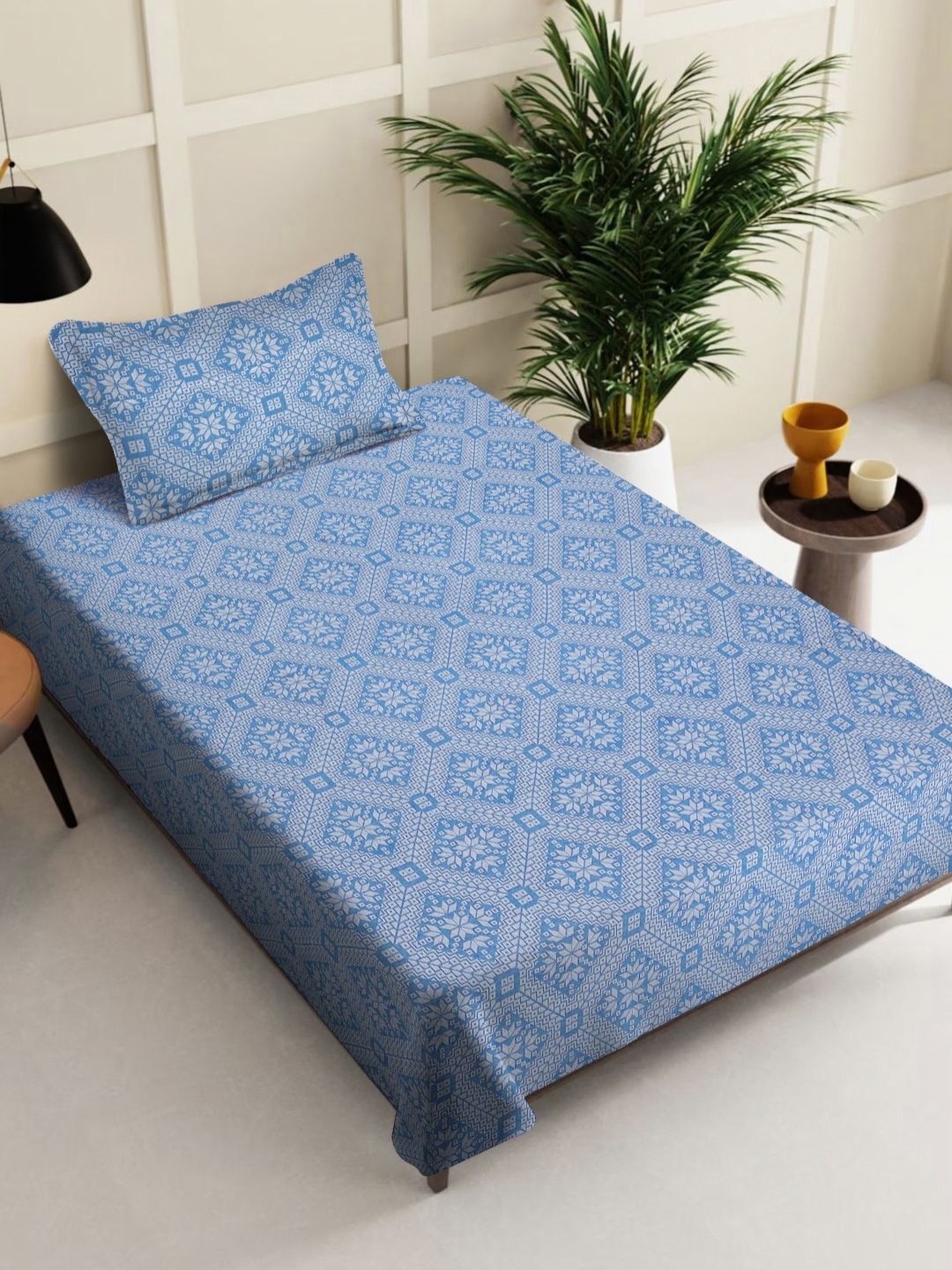 

KLOTTHE Blue Floral Printed Pure Cotton Single Bedcover With Pillow Cover