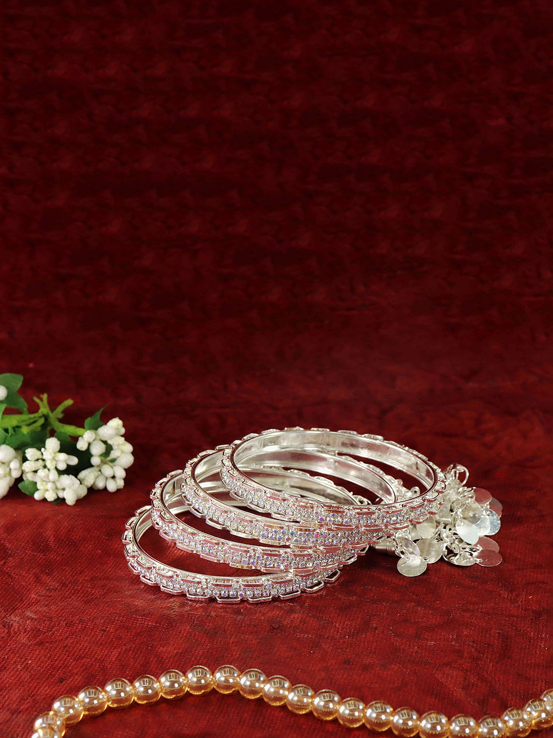 

ZULKA Set Of 4 Gold-Plated Cubic Zirconia & American Diamond Studded Latkan Bangles, Silver