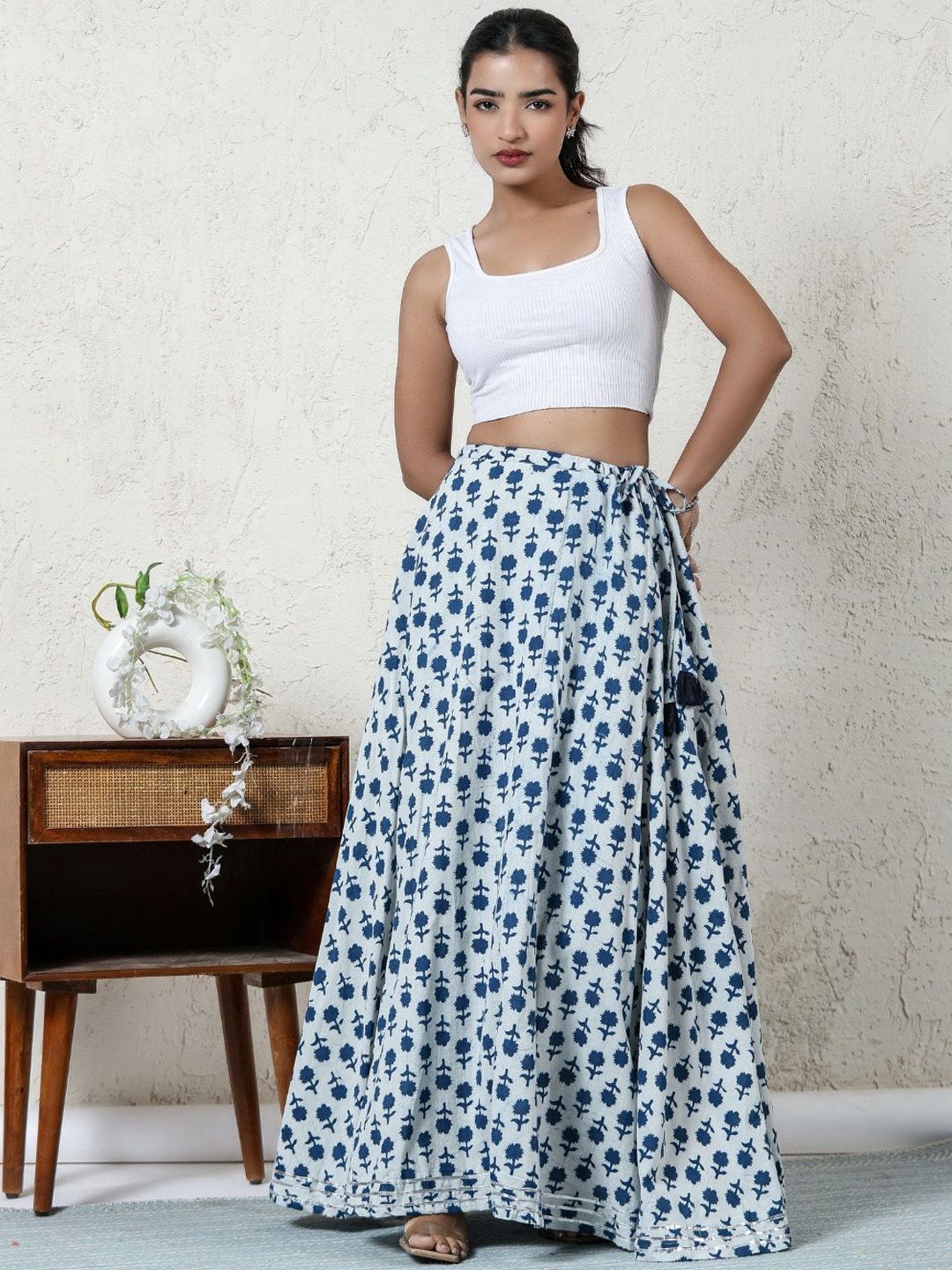 

SILAYIBAZI Women Printed Pure Cotton Flared Maxi Skirts, White